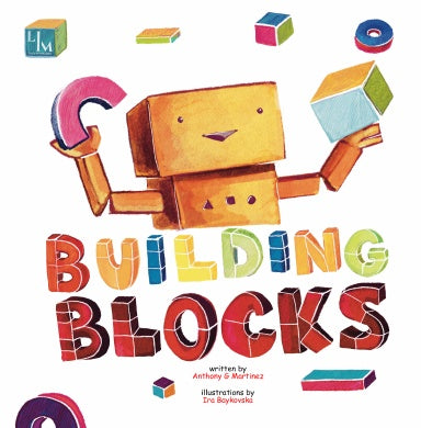 Wodden blocks with a cardboard robot.