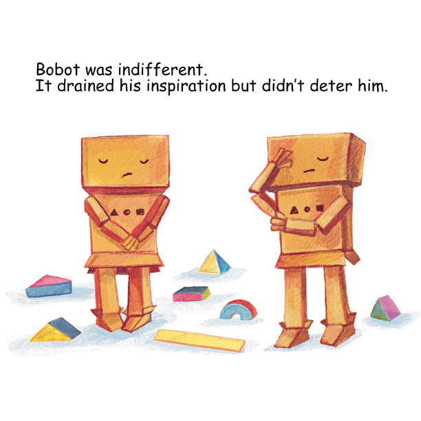 Cardboard robot expressing indifference and frustration. A ruler and wood blocks at its feet.