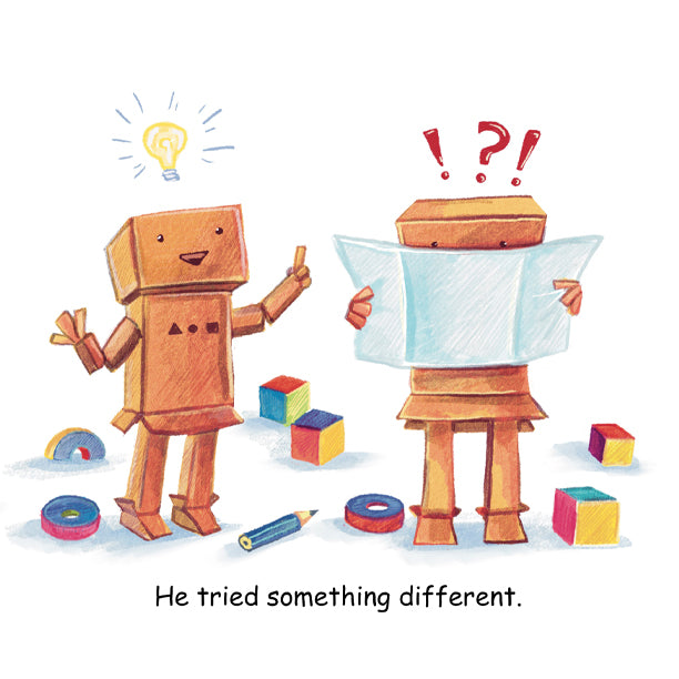 Cardboard robot with an idea and excitement being expressed. Holding a blueprint with wood blocks and a pencil at its feet.