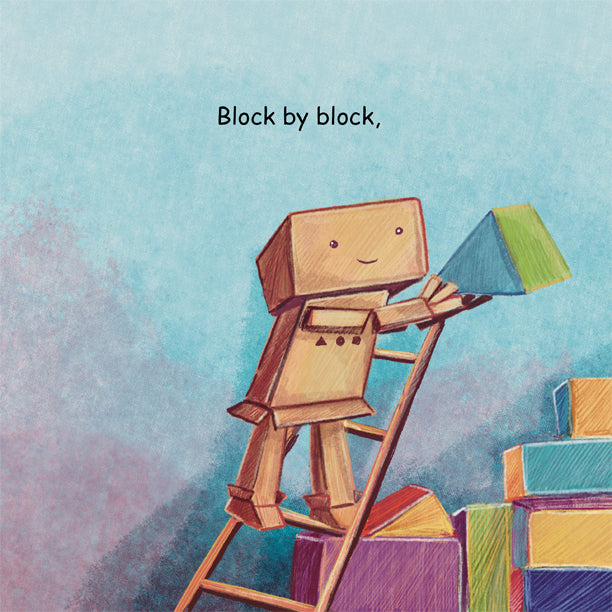 Cardboard robot standing on a ladder while holding a wood block stacking atop other wood blocks.