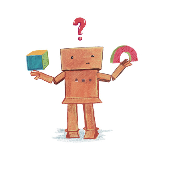 Cardboard robot holding wood blocks in both hands with a question mark above its head. 