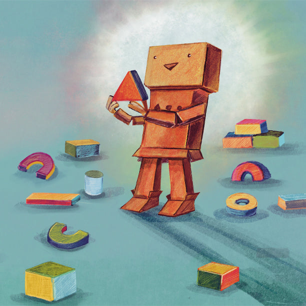 Carboard robot with wood blocks.