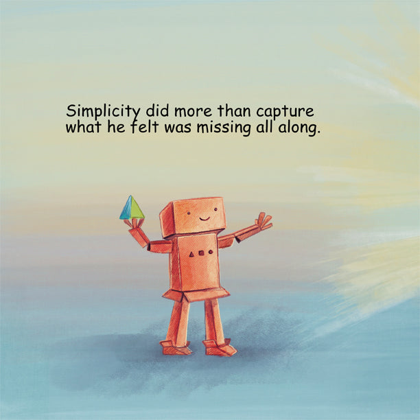 Cardboard robot holding a wood block.