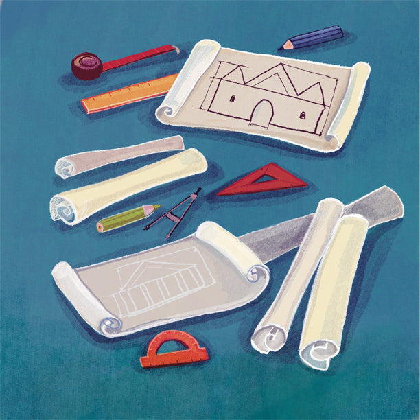 Blueprints with pencils, rulers and other utensils.