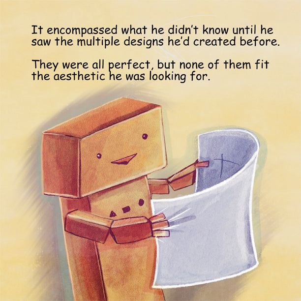 Cardboard robot holding a blueprint.