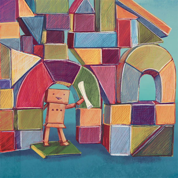 Cardboard robot holding a rolled up blueprint standing at the entrance of a castel built with wood blocks.