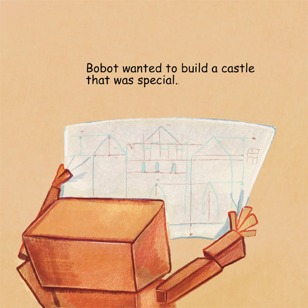 Cardboard robot holding a blueprint of a castle.