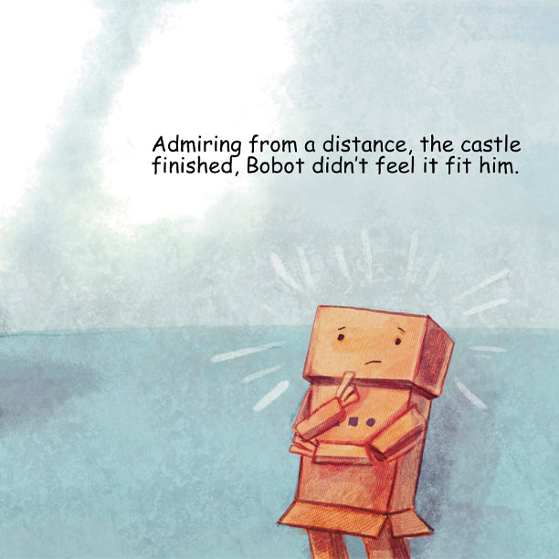 Carboard robot thinking.