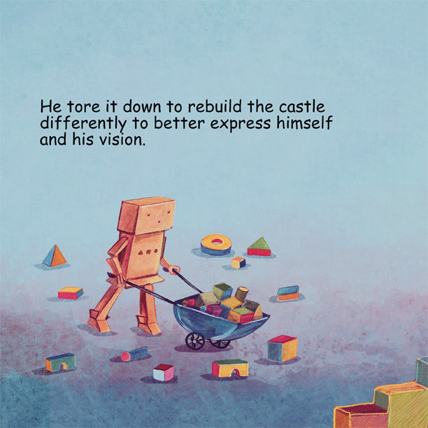 Cardboard robot pushing wheelbarrow filled with wood blocks.